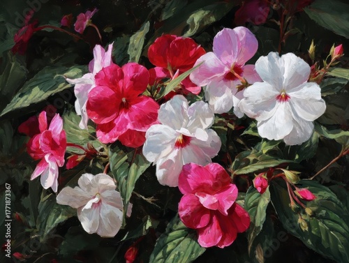 Oil painting showcasing a lively cluster of fuchsia, red, and white flowers with verdant green leaves, rendered in an impressionistic style that emphasizes light and shadow, creating a dynamic 