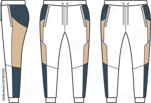 Modern jogger pants color block design flat sketch, CAD technical drawing vector, fashion sportswear apparel illustration for clothing template
