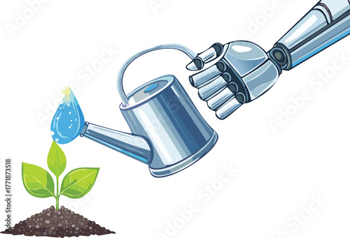 AI Robotic Hand Nurturing a Glowing Eco Sprout