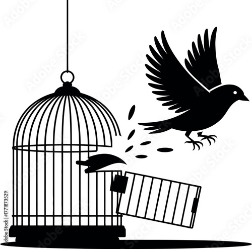 A bird escapes from an open cage and flies freely into the sky.