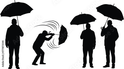 People struggling with umbrellas in strong wind silhouette vector illustration, stormy weather scene design showing windy day struggle, bad weather concept, outdoor vector art