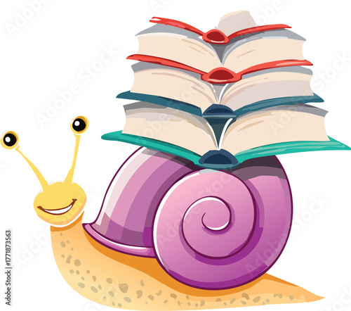 snail carrying a miniature library on its shell, open books fluttering around, soft pastel palette