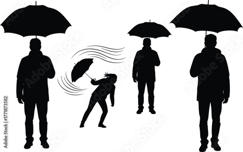 People walking with umbrellas in strong wind silhouette illustration, rainy weather vector design showing storm, wind gust, and umbrella struggle concept art