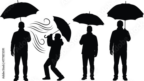 People walking with umbrellas in strong windy weather silhouette vector illustration, storm rain scene design showing struggle, bad weather, and wind gust concept
