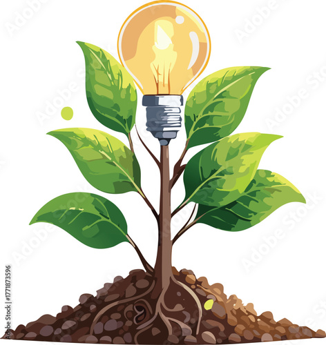  streetlight growing from soil like a plant, leaves made of glowing bulbs.