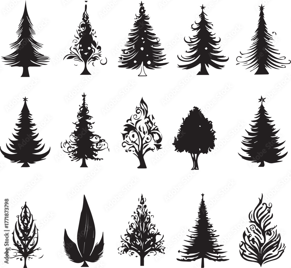 Obraz premium Enchanting Christmas Tree Vector Pack – Sparkling Festive Illustrations