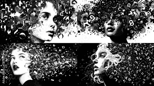 Surreal black and white woman portrait mixed with geometric and abstract shapes. Artistic digital illustration symbolizing creativity, imagination, and expressive modern design.