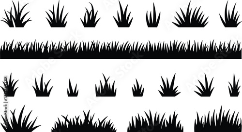 Set of black grass silhouette icons, simple lawn and meadow shapes, natural plant elements, vector illustration for landscape, garden, and nature design