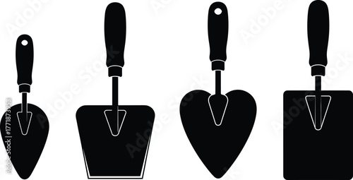 Set of construction masonry trowel silhouette vector icons, isolated black tools for bricklaying, plastering, and cement work design illustration, vector art