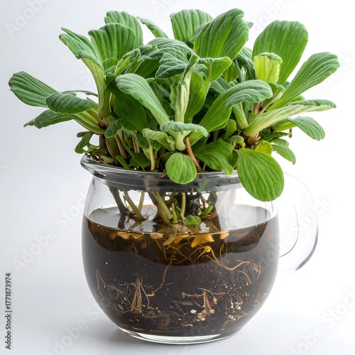 Water Lettuce in Glass Teapot - A Thriving Aquatic Plant.