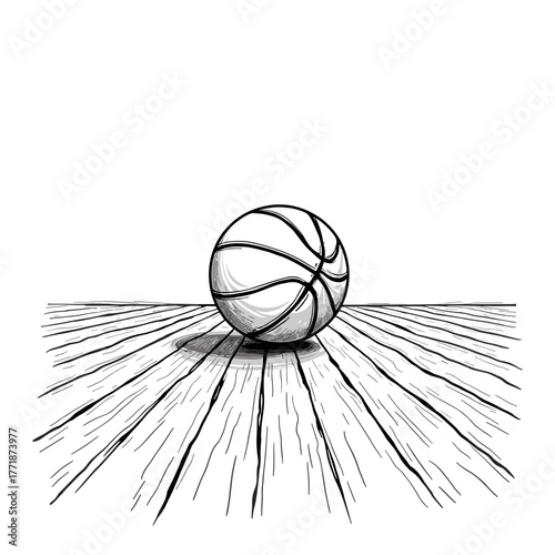 Basketball rolling on a wooden court in a minimalist style  