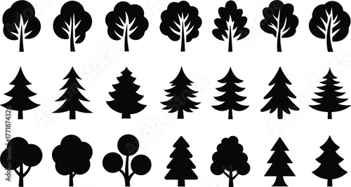 Silhouette collection of different tree shapes, pine trees, forest icons, and nature plant symbols, simple black vector illustration for eco design