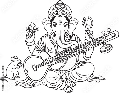 Lord Ganesha Playing Veena Coloring Page – Hindu God Line Art, Ganpati Outline Drawing, Spiritual Art for Kids and Adults Coloring