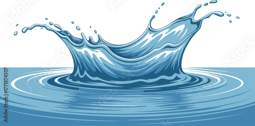 A dynamic splash of water creates ripples on a blue surface.