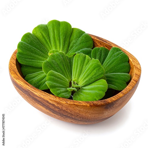Water Lettuce in Wooden Bowl - A Fresh Aquatic Plant Display.