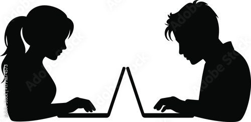 Silhouette of man and woman working on laptops facing each other, remote work concept, online communication, teamwork vector illustration design