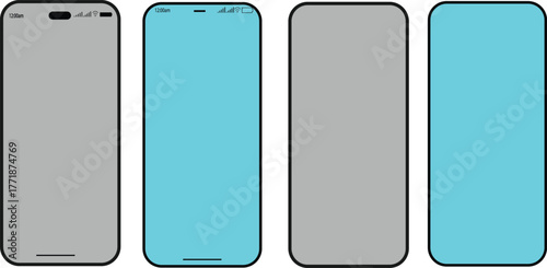 Four modern smartphone mockups with blank screens in gray and cyan colors arranged in a row.Four Sleek Smartphone Mockups in Gray and Cyan.
