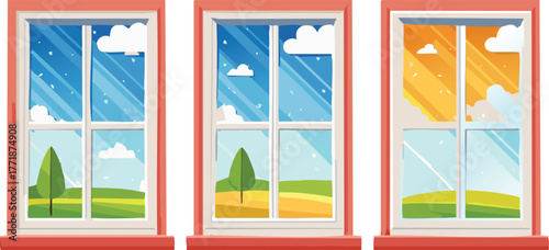 Window Frame Displaying Four Distinct Seasons in a Minimalist Geometric Design