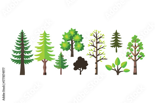 Variety of Green Trees: A collection of stylized trees in varying shapes and sizes, each showcasing a vibrant shade of green and unique form, set against a simple backdrop.