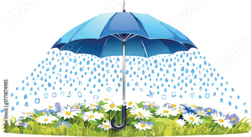 Umbrella Shielding a Blooming Flower Field Amid a Storm of Data Icons, Tech and Nature Fusion Illustration