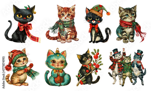 PNG Vintage festive cats in holiday attire, element set on transparent background © Rawpixel.com