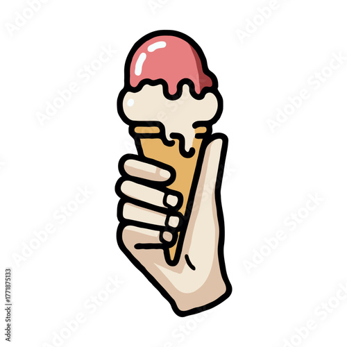 Cartoon hand holding a melting ice cream cone with pink and white scoops, outlined in bold lines, on a plain white background, concept of summer treat