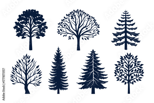 Tree silhouettes: A collection of various tree silhouettes isolated. The designs showcase a variety of tree shapes, trunk, branch, and different foliage. These trees represent the diversity of nature.