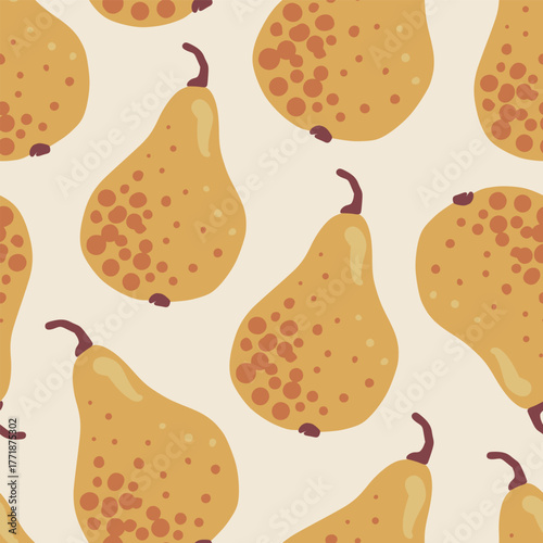 Rustic autumn fruit seamless pattern. Delicious yellow orange pears with texture spots on a light background. Hand-drawn autumn harvest vector design for food packaging or textile.
