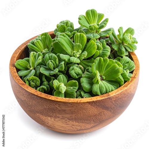 Water Lettuce in Wooden Bowl - Fresh Aquatic Plant.
