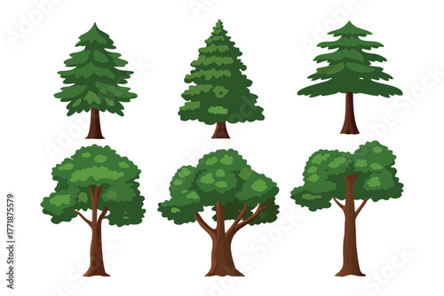 Diverse Tree Collection: A vibrant assortment of various tree species. These stylized illustrations showcase the diverse forms and textures found in nature's arboreal wonders.