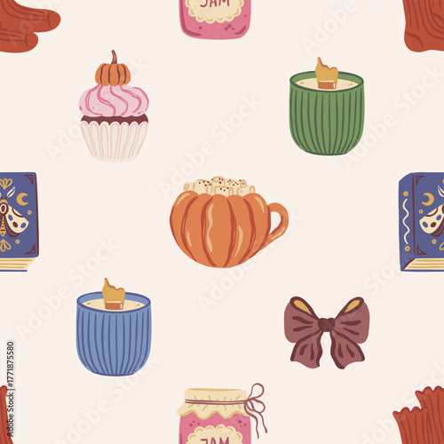 Cozy vector colorful seamless pattern with warm socks, pumpkin mug, cupcake, book and candles on cream background. Hygge fall holiday repeat design for textile, wrapping paper, home decor