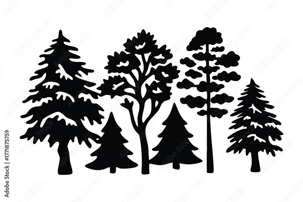 Obraz premium Silhouetted Trees in Nature: a graphic illustration that captures the essence of a tranquil forest. The image features a variety of tree species, from towering evergreens to deciduous trees.