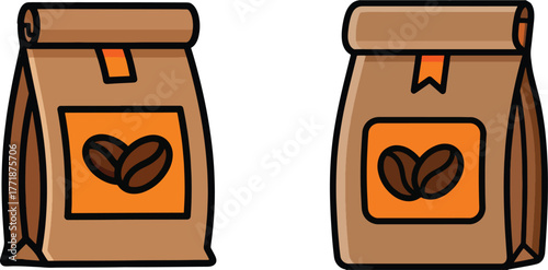 Two cartoon coffee bean bags with orange labels