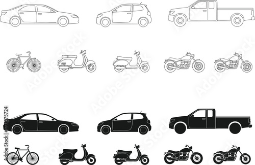 Vehicle icons set, outline and silhouette style, cars, bikes, scooters, motorcycles, personal transport symbols, black and white vector illustration