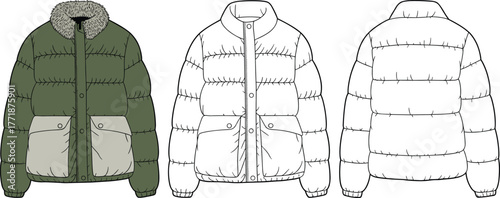 Winter puffer jacket fashion design flat sketch with fur collar front and back technical drawing, outerwear vector illustration for apparel design