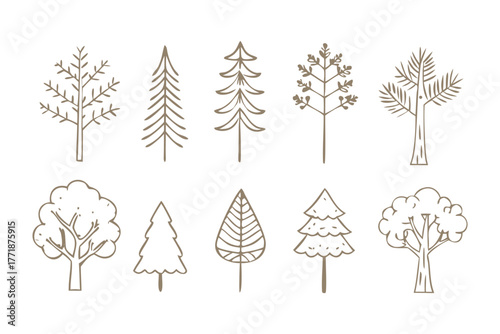 Diverse Tree Designs: An assortment of tree illustrations showcasing a variety of styles and forms.