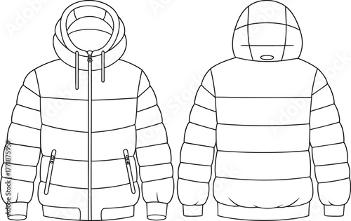Winter puffer jacket front and back view technical flat sketch, hooded quilted outerwear design template, fashion cad drawing vector illustration