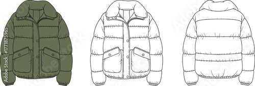 Winter puffer jacket front and back technical flat sketch with pockets and collar design, fashion apparel outerwear cad vector illustration