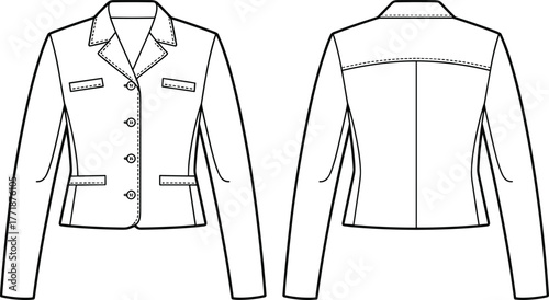 Women fitted blazer jacket flat sketch with notched lapel collar, front buttons, flap pockets, long sleeves, formal fashion vector illustration