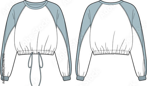 Women cropped sweatshirt flat fashion sketch with long raglan sleeves and drawstring hem, modern casual apparel design vector illustration