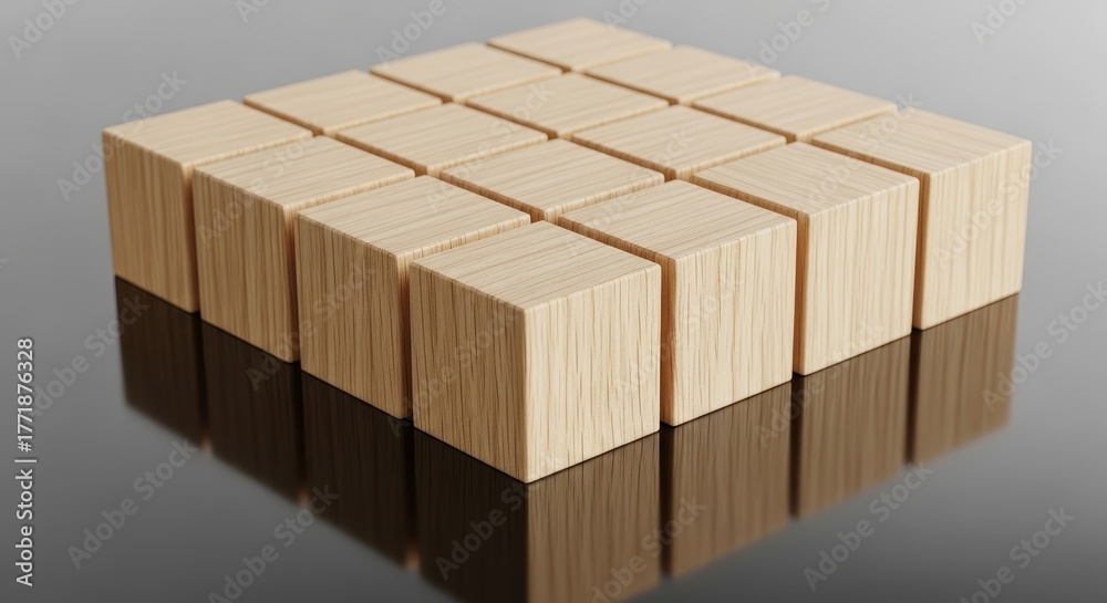 Fototapeta premium Seamless arrangement of natural wood blocks on reflective surface, perfect for building concepts, education, or minimalist design projects.