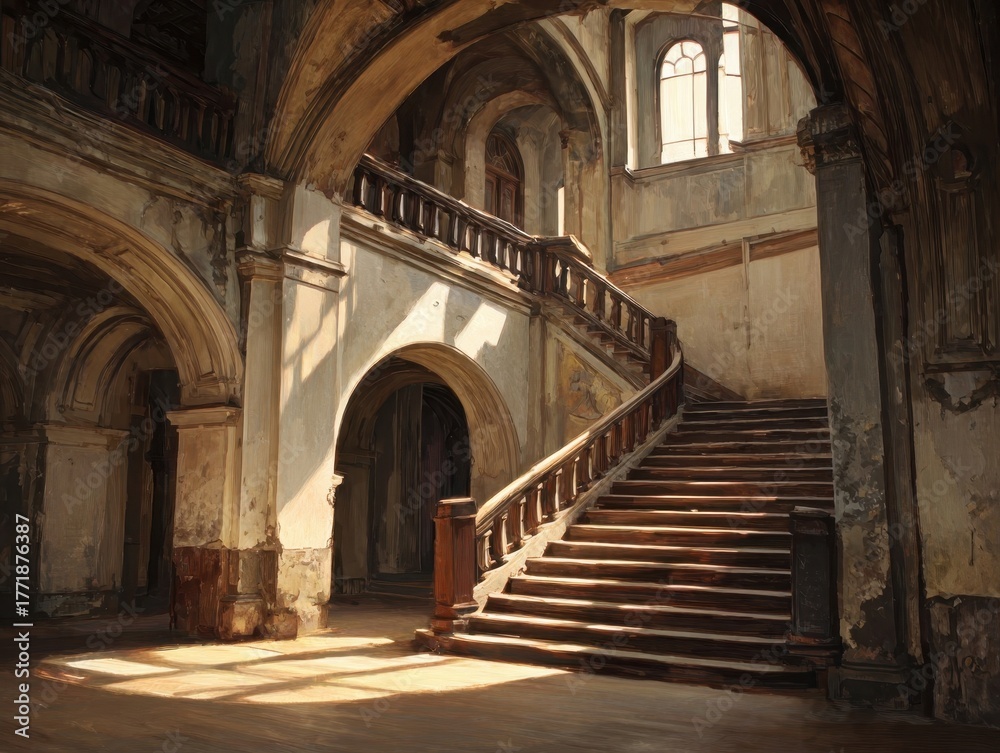 Fototapeta premium Grand Old Staircase Architectural Interior Rich Ornate Details Arches Pillars Sunlight Shadows Textured Walls Rustic Elegant Aesthetic Ancient Building Design