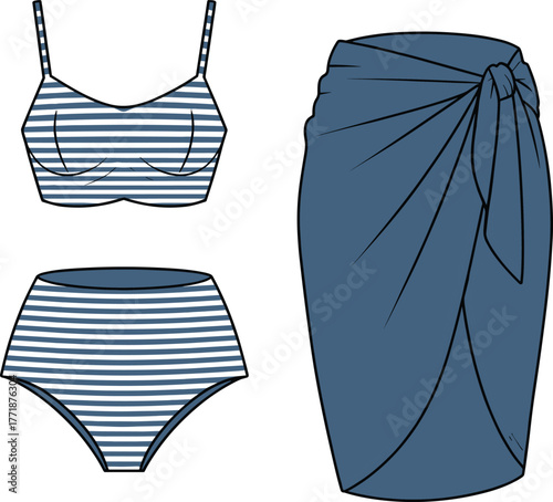 Women’s striped bikini top and high waist bottom with sarong wrap skirt, beachwear fashion outfit, flat cad drawing vector illustration