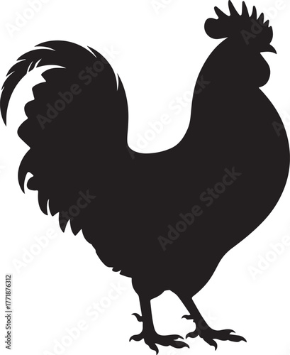 A striking black silhouette of a proud rooster standing tall with its distinctive comb and tail feathers against a clean white background
