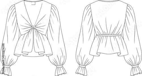 Women's blouse fashion sketch, technical garment drawing, puff sleeve top, ruffle cuff design, asymmetrical hem, vector flat illustration