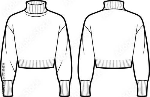 Women's long sleeve turtleneck sweater flat sketch front and back view, winter knitwear fashion design, CAD drawing vector illustration