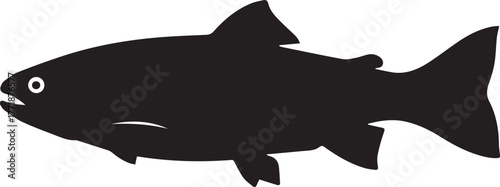 Simple black silhouette of a swimming salmon fish in profile facing left