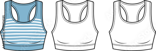 Women's striped sports bra flat technical fashion drawing with front and back view, activewear clothing design template cad vector illustration