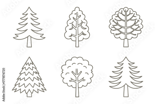 Diverse Tree Collection: A series of stylized tree illustrations showcases a variety of shapes and forms, each representing a unique species.