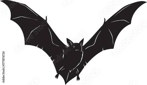 Mysterious bat silhouette in flight spreading its wings against a clean background